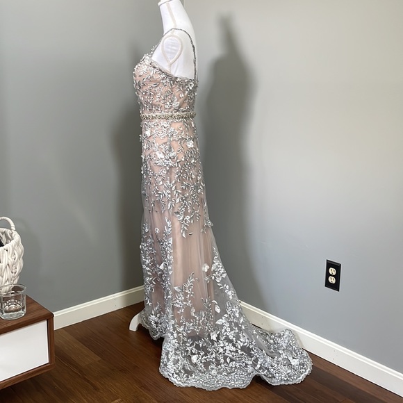 MONTAGE by Mon Cheri - Silver/Nude Embroidered Lace & Tulle Gown - Picture 3 of 16